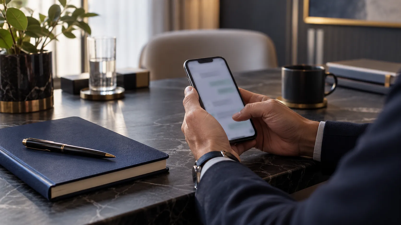 Mãos organizando informações em celular e caderno para relatar fatos no trabalho.